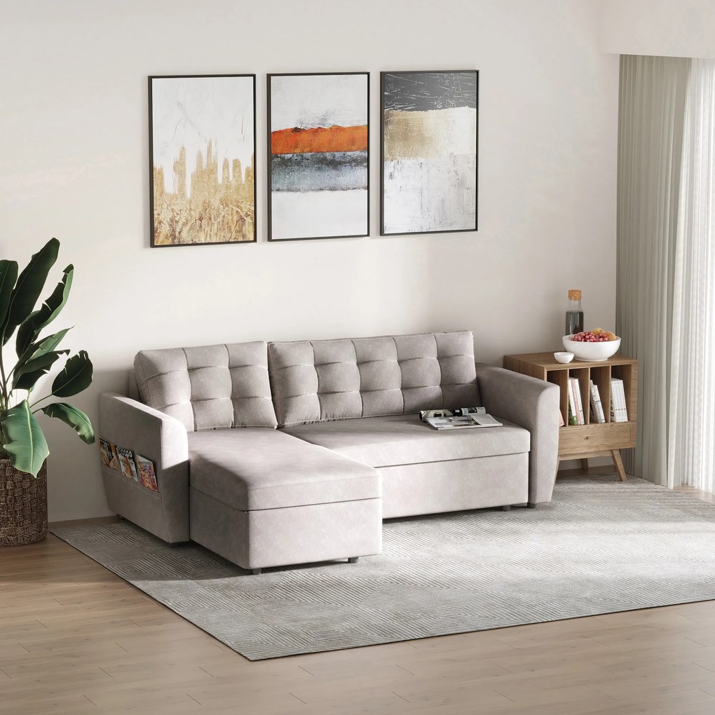 Canapea Extensibila pe Colt cu 3 Locuri si Compartiment de Depozitare, Tapiterie Efect In, Spatar cu perne 217x134x85cm, Gri HOMCOM | Aosom Romania