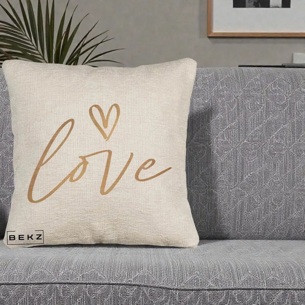 Perna Decorativa Love Caligrafie Aurie, 40x40 cm, Bej Canapea, Husa Detasabila, Perna Inclusa, BEKZ®