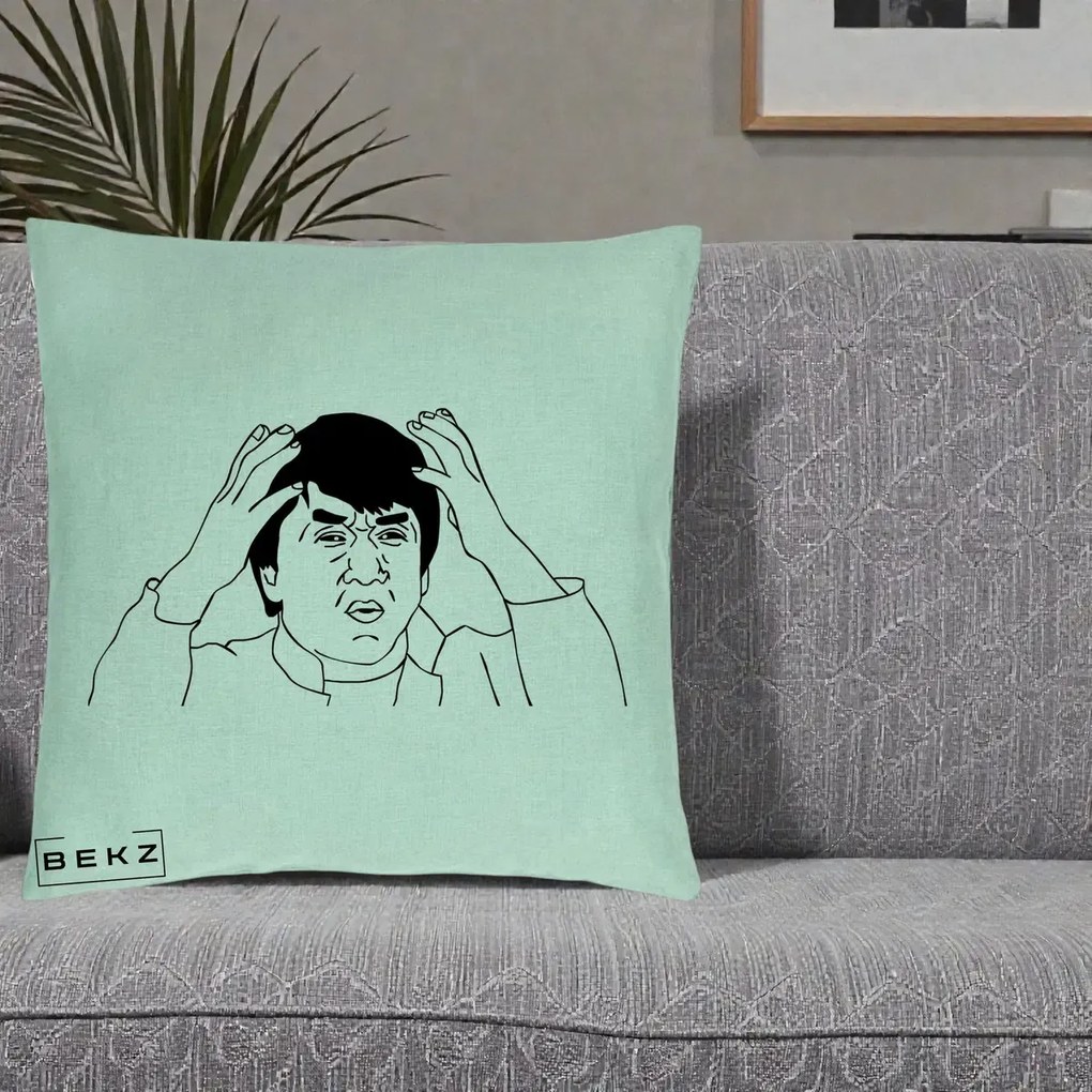 Perna Decorativa Jackie Chan WTF, 40x40 cm, Verde Menta, Husa Detasabila, Perna Inclusa, BEKZ®