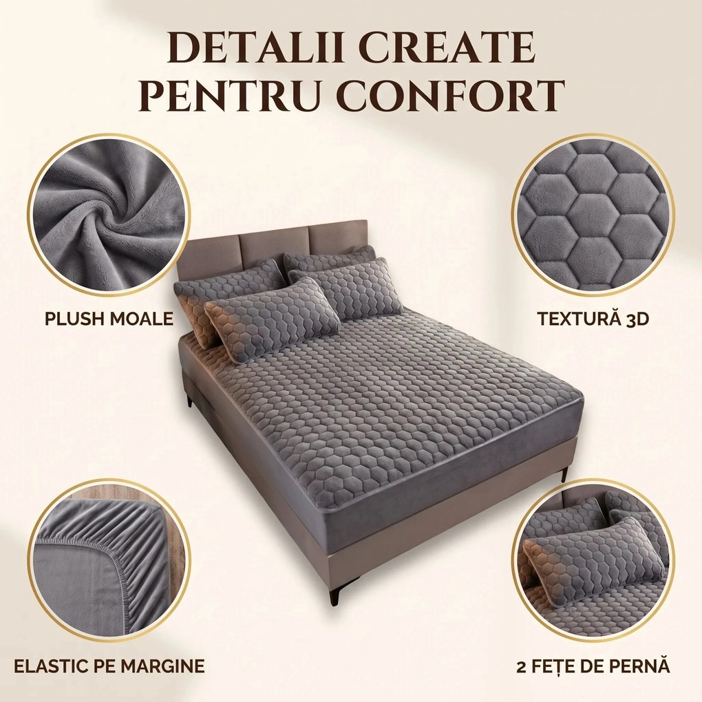 Set lenjerie de pat plusata, husa cu elastic si 2 fete de perna, Gri
