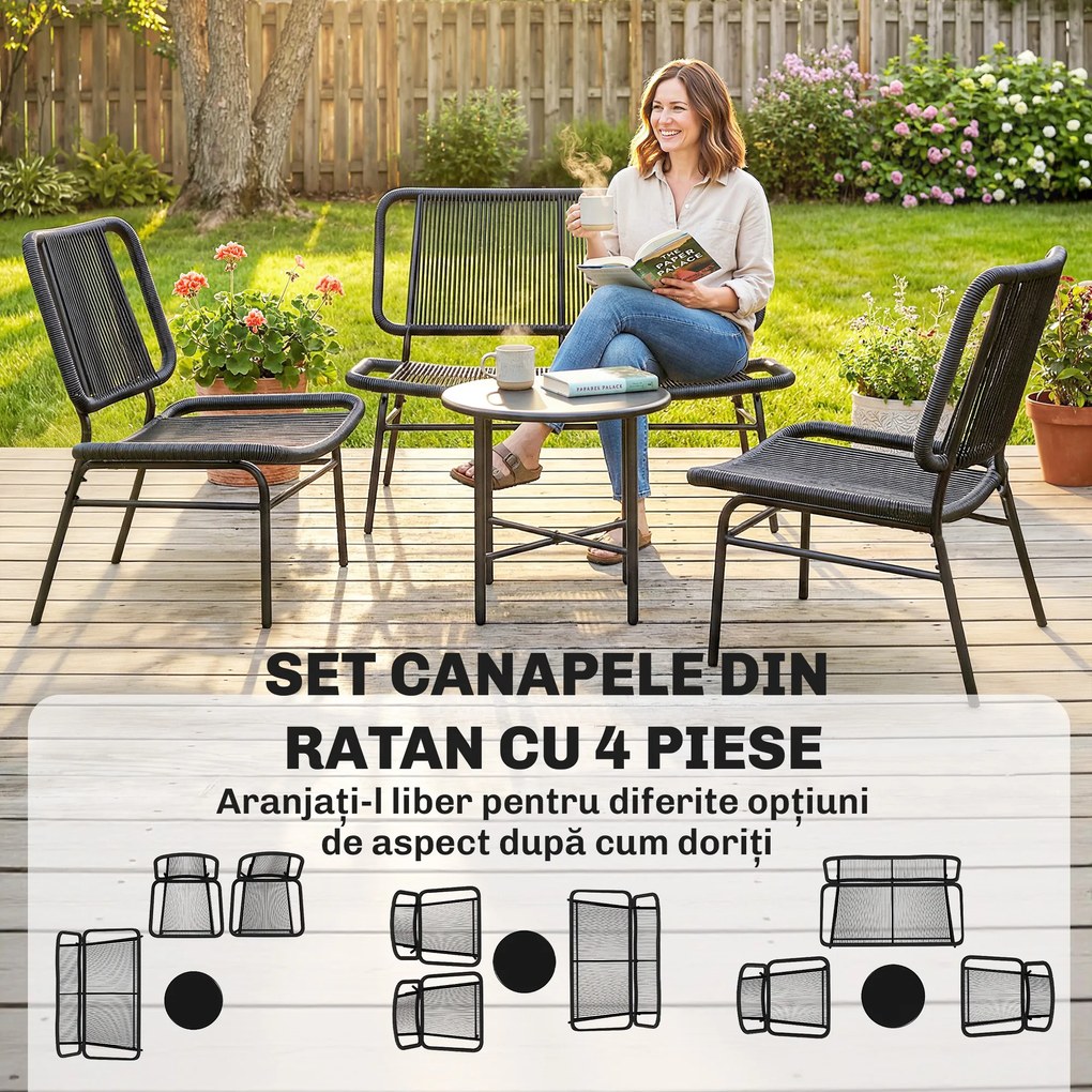Outsunny Set Mobilier Grădină Ratan 4 Piese, Canapea pentru Exterior cu Măsuță Metalică, Negru | Aosom Romania