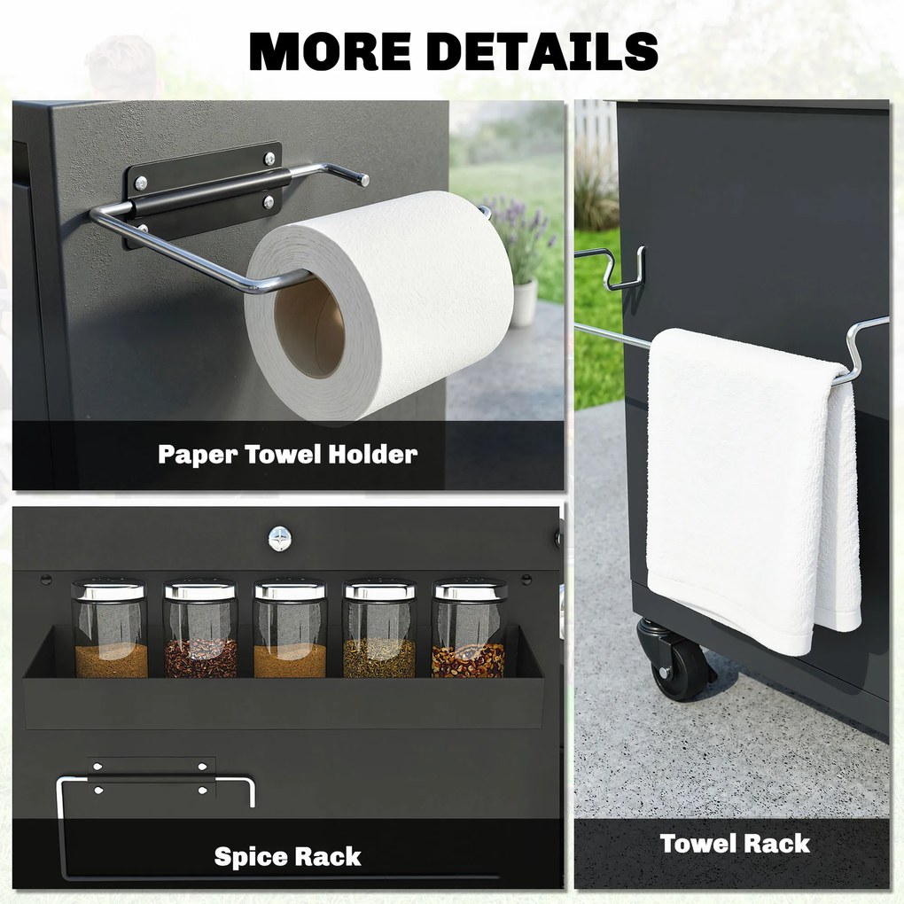 Outsunny Cărucior grătar 5-nivele Masă laterală cu suprafață de lucru din oțel inoxidabil rafturi reglabile sertar roți suport condimente suport prosoape | Aosom Romania