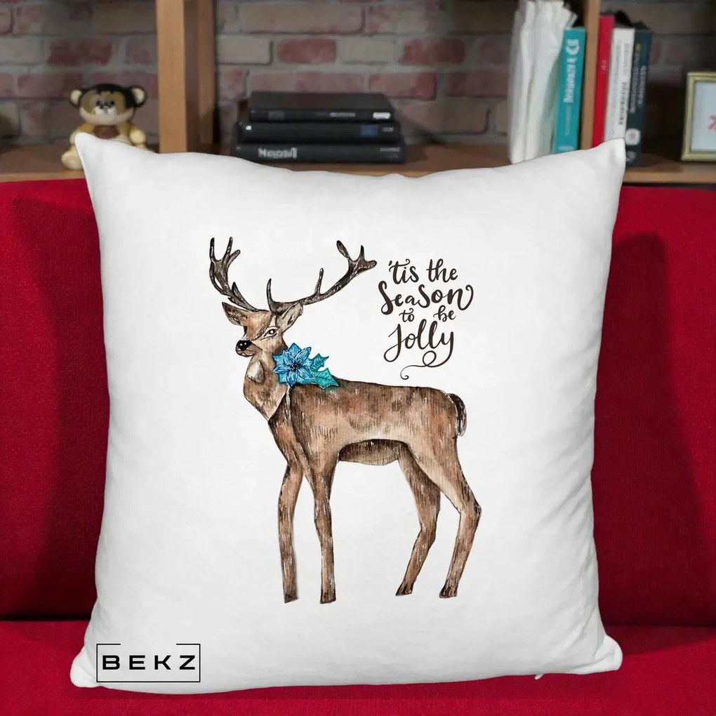 Perna Decorativa Ren Tis the Season to be Jolly, 40x40 cm, Alb Pufos, Husa Detasabila, Perna Inclusa, BEKZ®