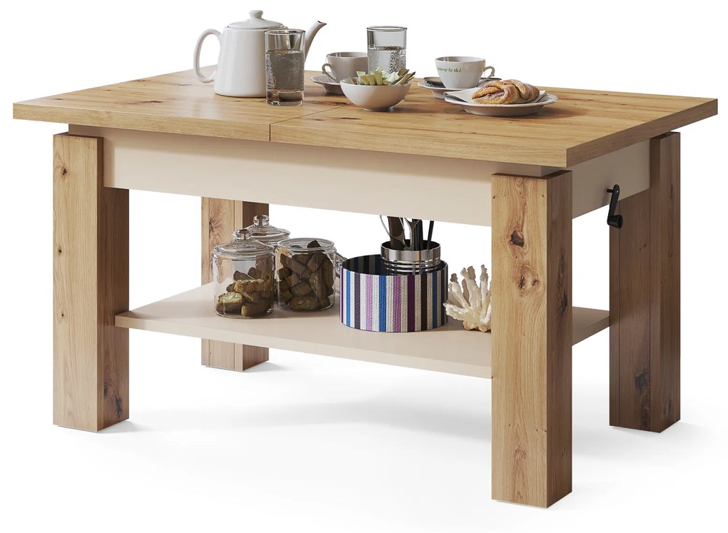 Mazzoni ASTORIA Stejar Artisan/Bej (Șampanie) - MĂSUȚĂ EXTENSIBILĂ MĂSUȚĂ DE CAFEA CU RAFT