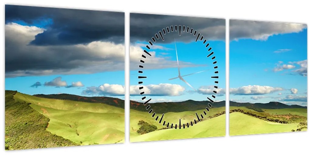 Tablou - Peisaj verde cu dealuri (cu ceas) (90x30 cm)