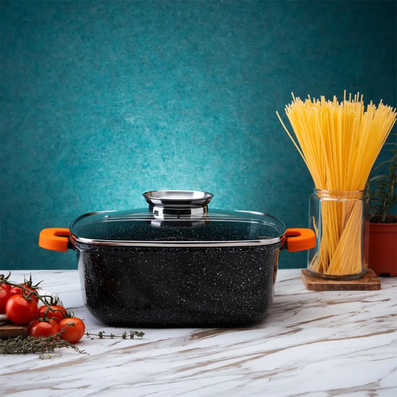 Roaster Oliver Voltz OV54323C28A, 28 cm, 6.5 L, Capac din sticla, Finisaj marmura, Inductie, Negru