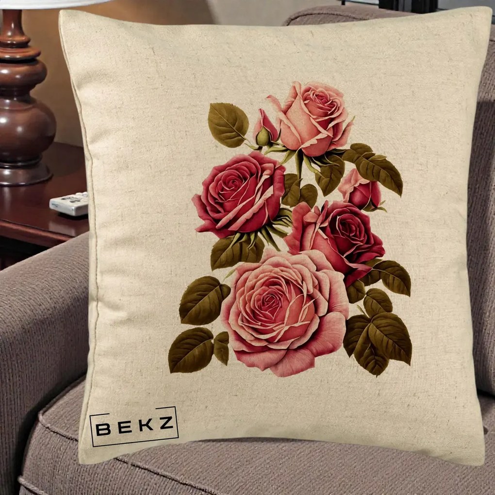 Perna Decorativa Trandafiri Vintage Roz-Rosii, 40x40 cm, Bej, Husa Detasabila, Perna Inclusa, BEKZ®