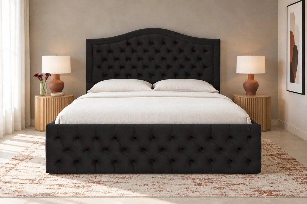 Pat tapițat Chesterfield din catifea Solaria Deluxe 120×200 cm, negru, cu ladă de depozitare