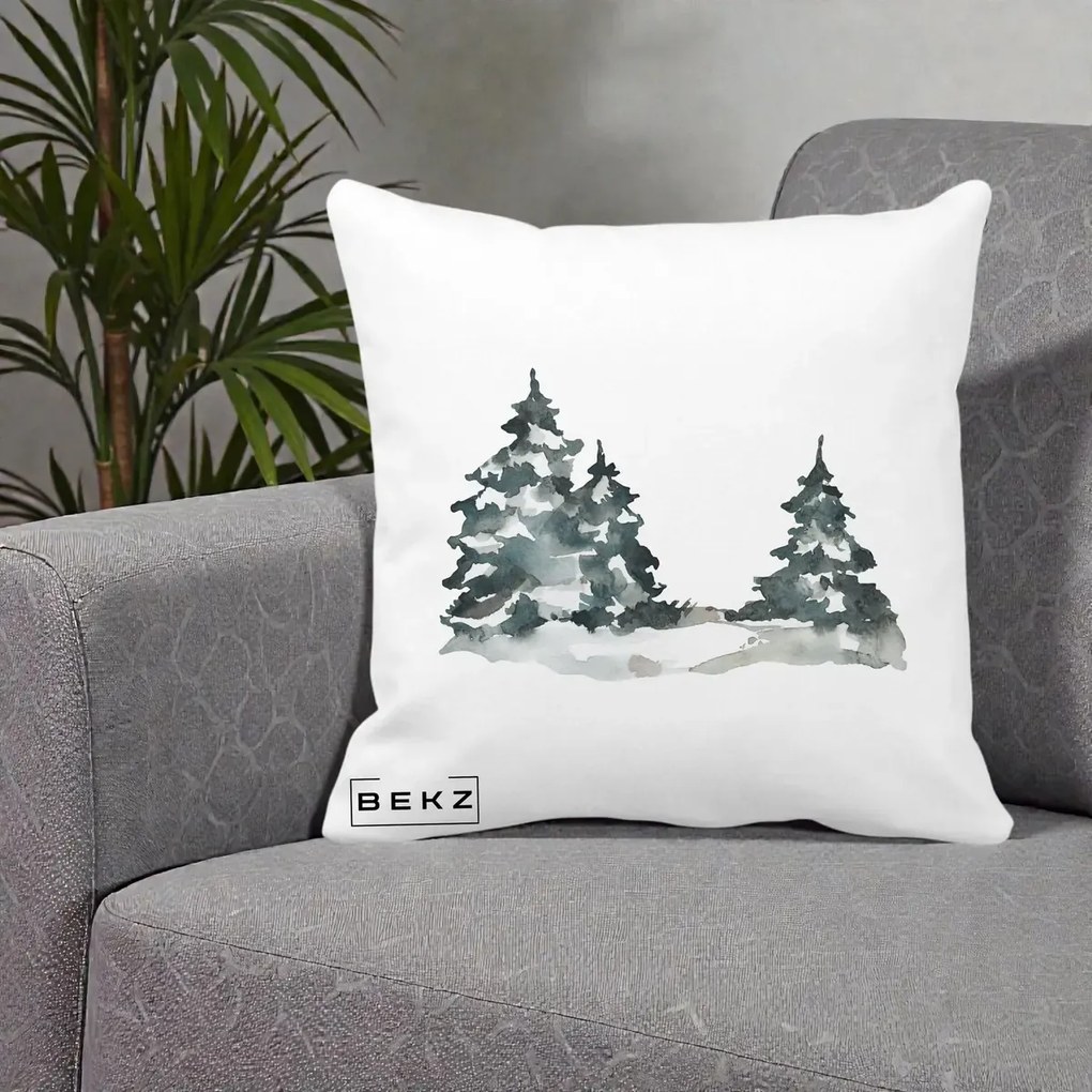 Perna Decorativa Brazi Inzapeziti Acuarela, 40x40 cm, Alba Mata, Husa Detasabila, Perna Inclusa, BEKZ®