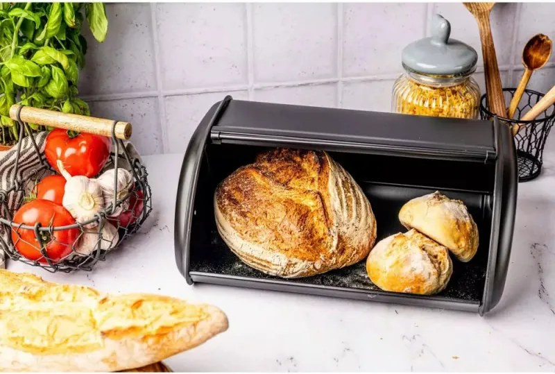 La mâna a doua: Cutie pentru paine Kinghoff KH 1723, 36 cm, Stabila si durabila, Inox, Negru
