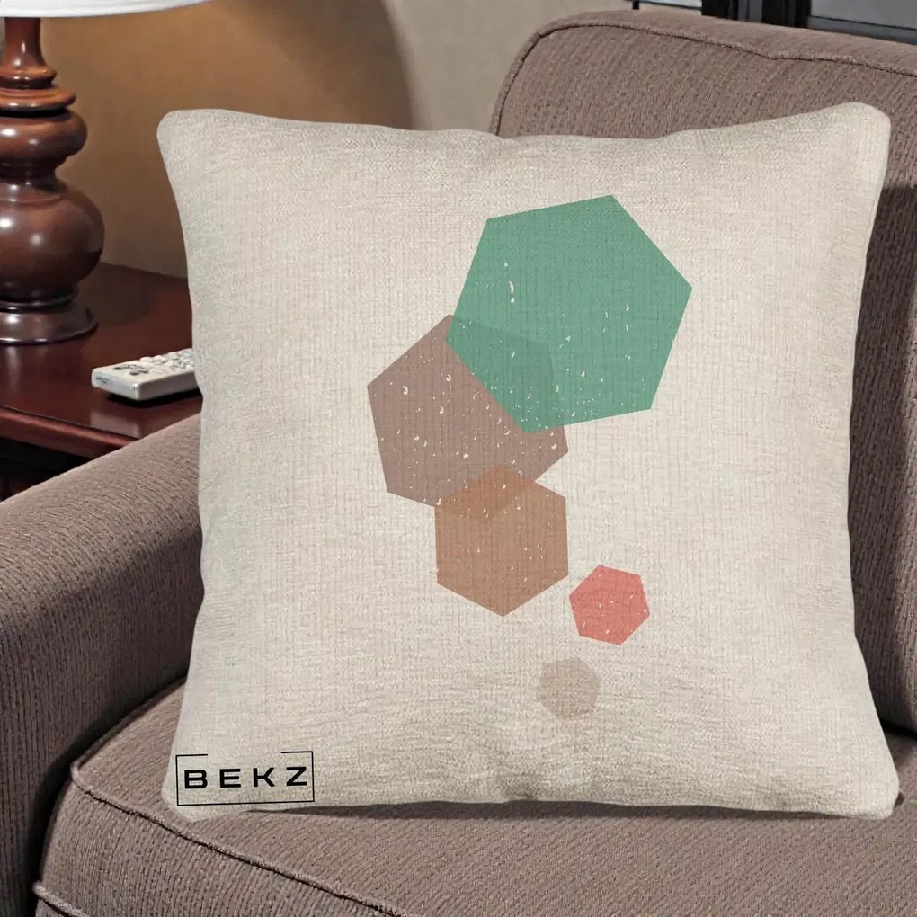 Perna Decorativa Geometric Hexagoane Pastel, 40x40 cm, Bej Canapea, Husa Detasabila, Perna Inclusa, BEKZ®