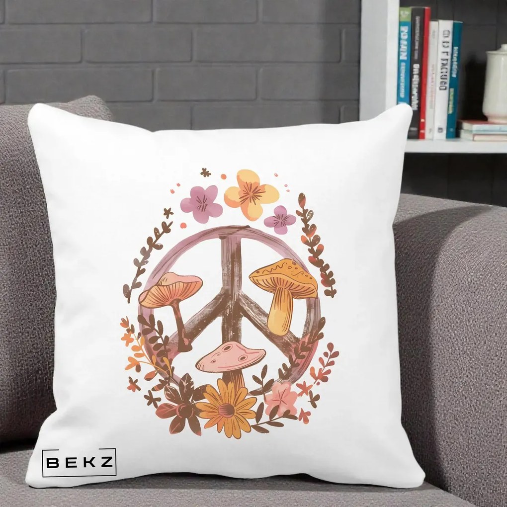 Perna Decorativa Peace Sign Ciuperci Floral, 40x40 cm, Alba Mata, Husa Detasabila, Perna Inclusa, BEKZ®