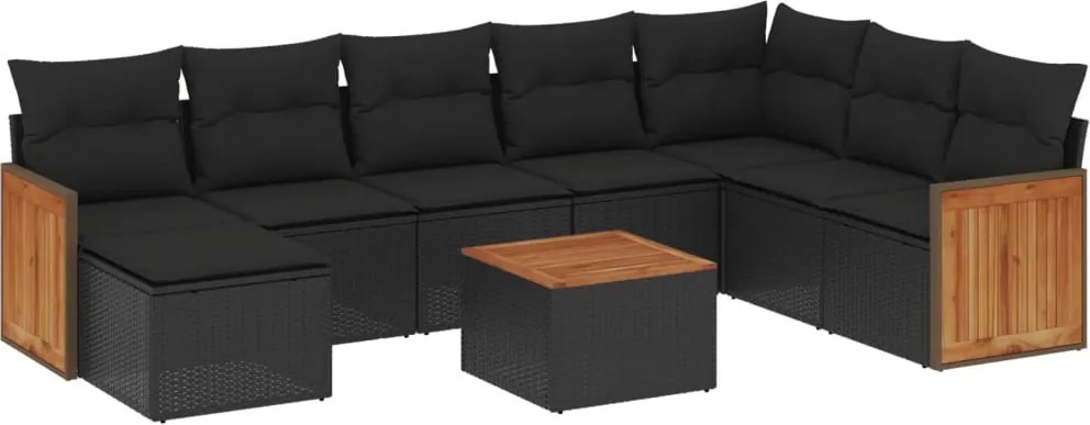 vidaXL Set mobilier de grădină cu perne, 9 piese, negru, poliratan
