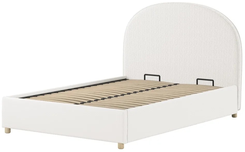 Pat tapițat pentru copii MOON, 140 x 200 cm, alb, cu țesătură bouclé și spațiu de depozitare – Vipack