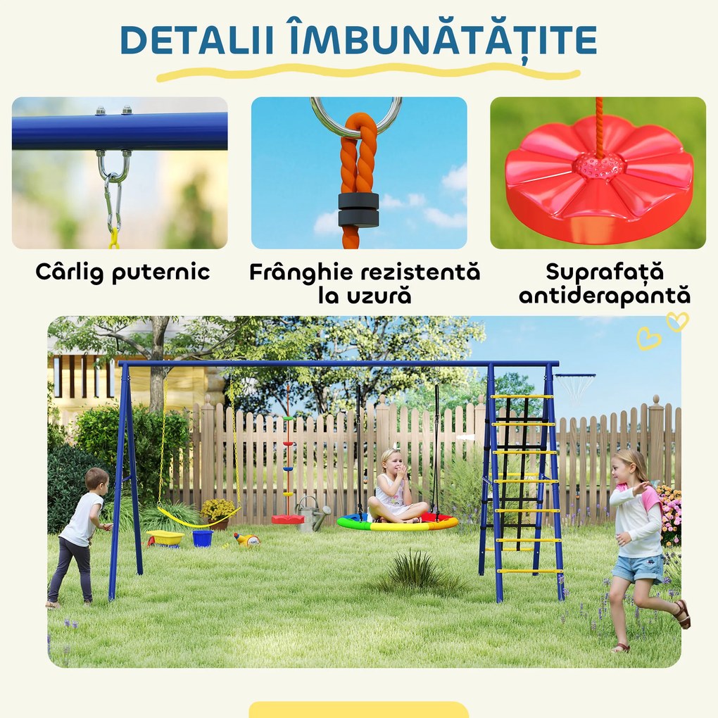 AIYAPLAY Set Leagăn de Grădină 6 în 1 pentru Copii 3-8 Ani, 350x183x200 cm, Multicolor | Aosom Romania