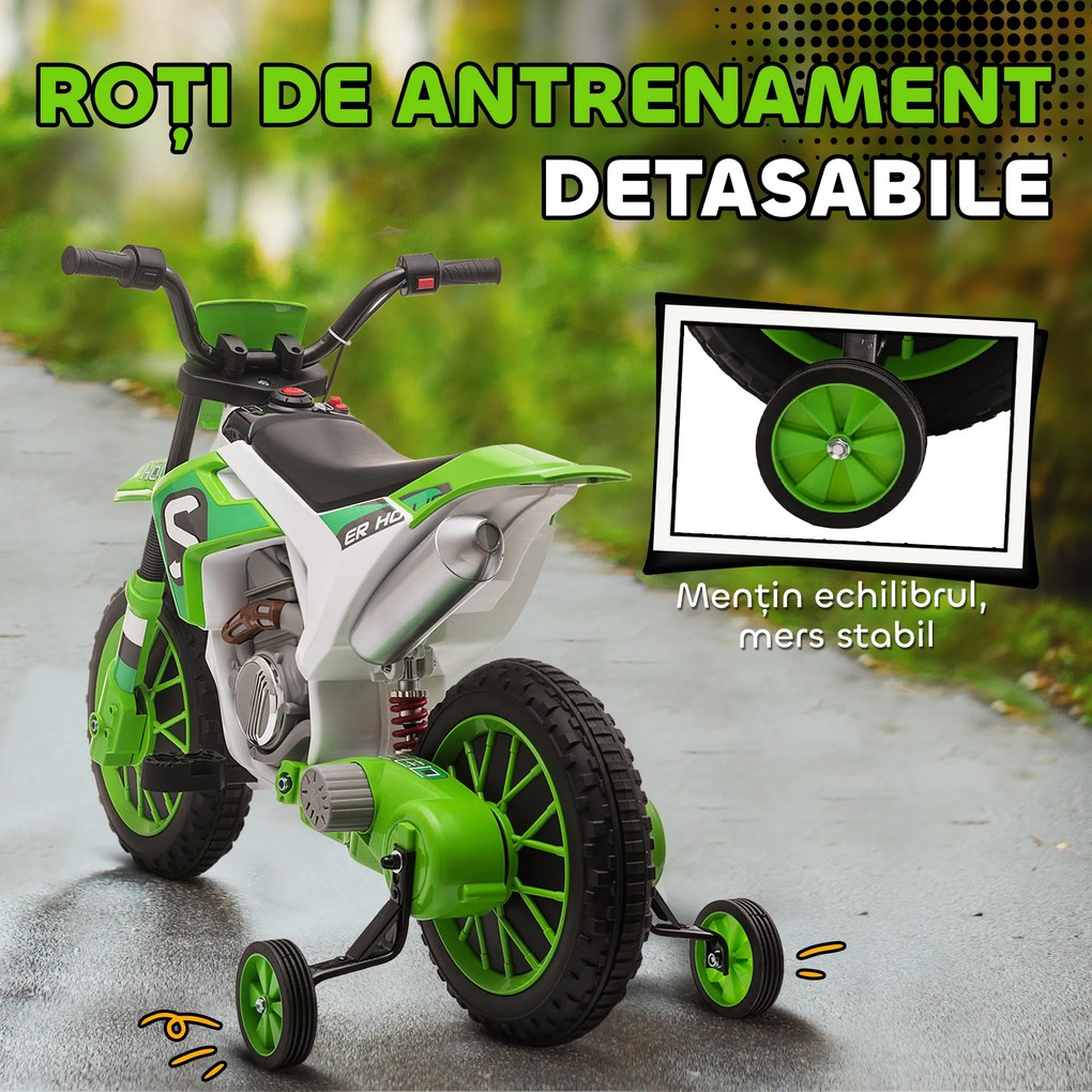 HOMCOM Motocicleta Electrica Copii 3-5 Ani 12V Baterie Recarregabil Rotite Verde | Aosom Romania