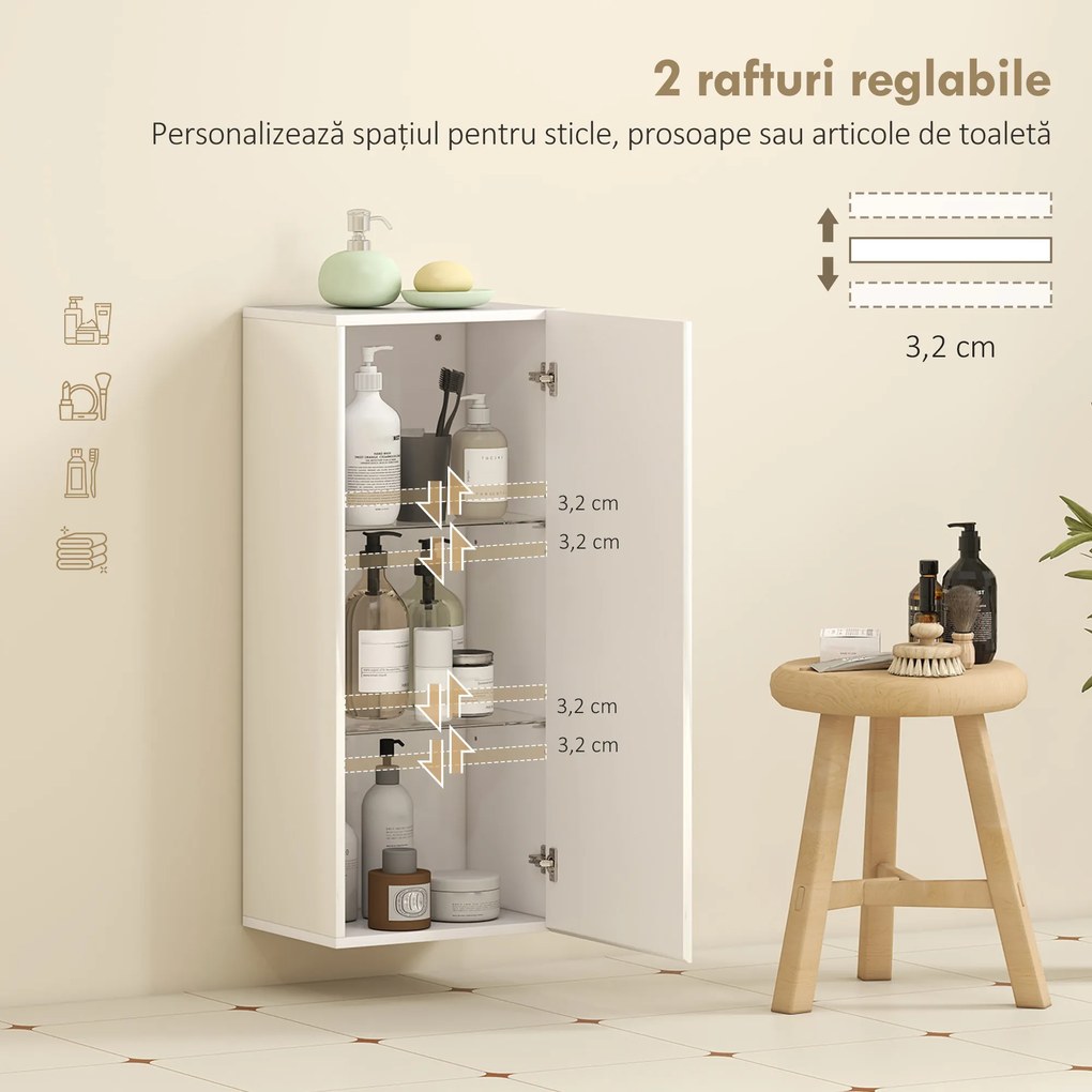 HOMCOM Dulap de Baie Suspendat cu Ușă Fără Mâner, 2 Rafturi Reglabile din Sticlă, Mobilier Suspendat Multifuncțional, 30x23,4x71,2 cm, Alb Lucios | Aosom Romania