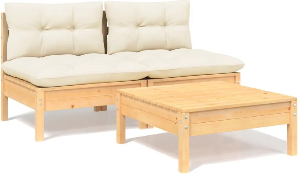 vidaXL Set mobilier grădină cu perne crem, 3 piese, lemn de pin