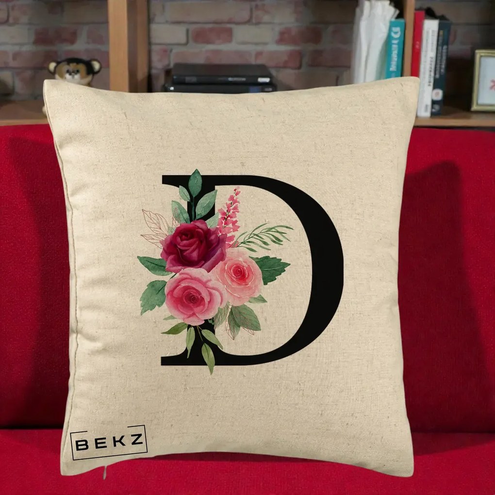 Cadou Personalizat - Perna Personalizata Monograma Florala Litera D, 40x40 cm, Bej, Husa Detasabila, Perna Inclusa, BEKZ®