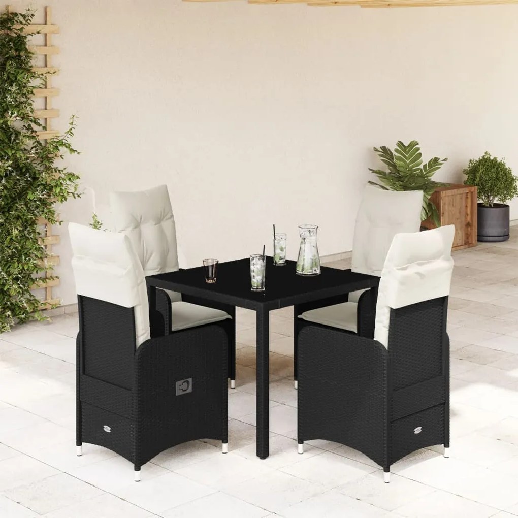 3276988 vidaXL Set bistro de grădină cu perne, 5 piese, negru, poliratan