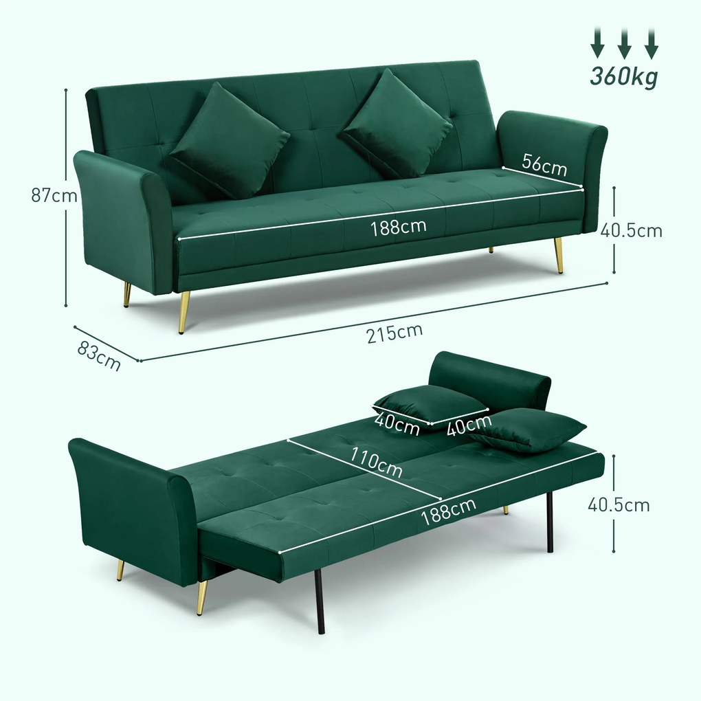 HOMCOM Canapea Pat cu 3 Locuri, 2 Perne Incluse, Spătar Reglabil, Canapea Versatilă 206x81x83 cm, Verde Elegant | Aosom Romania