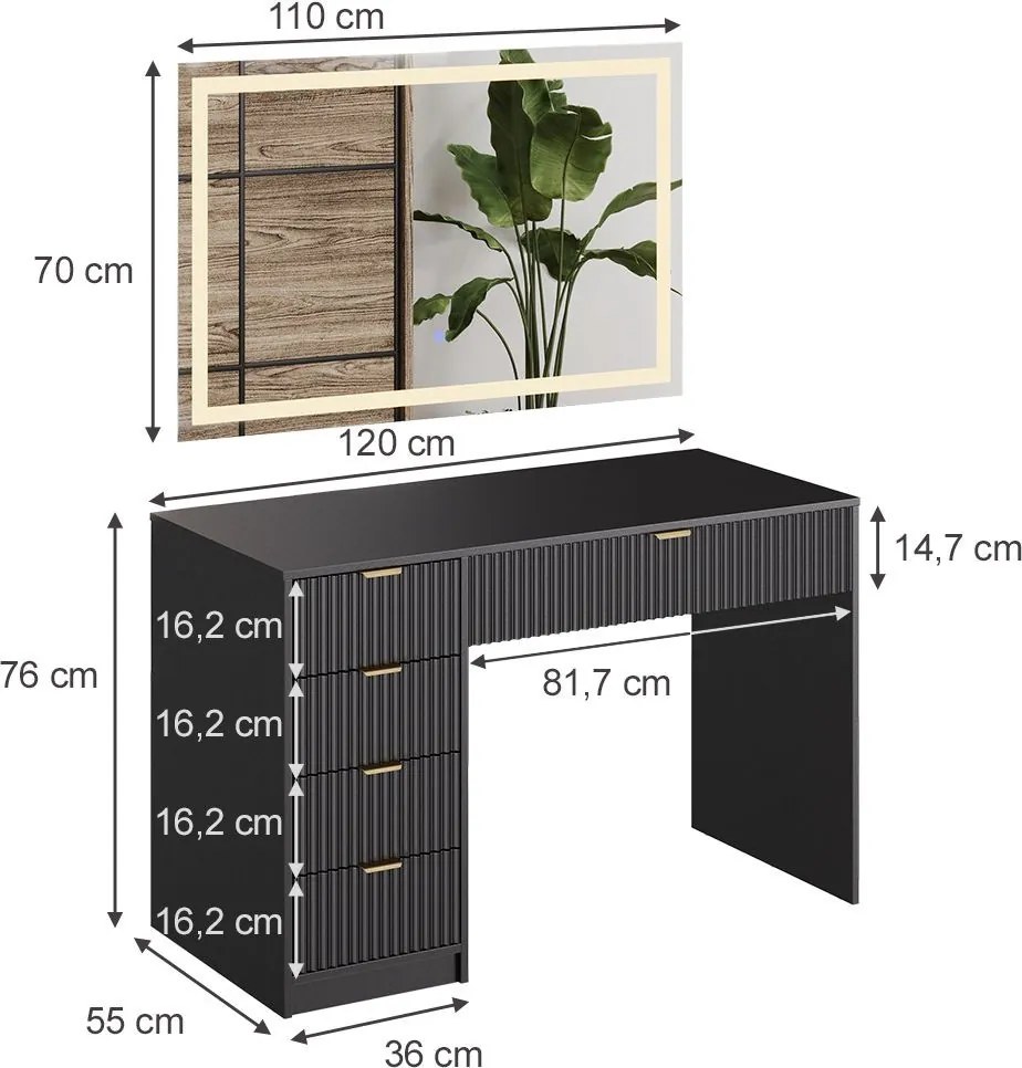 Masuta machiaj neagra cu Oglinda LED si 5 Sertare pentru Cosmetice, Set Masa toaleta 120 cm, masuta vanity cu Riflaj, cosmetica- SEN250