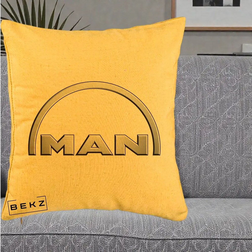 Perna Personalizata cu emblema MAN, 40x40 cm, Galben, Husa Detasabila, Perna Inclusa, BEKZ®