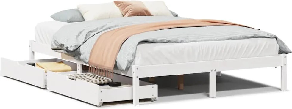 vidaXL Cadru de pat fără saltea, alb, 135x190 cm, lemn masiv de pin