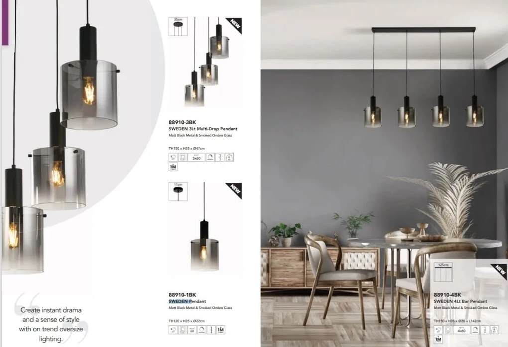 Lustra moderna cu 4 pendule Sweden negru, fumuriu