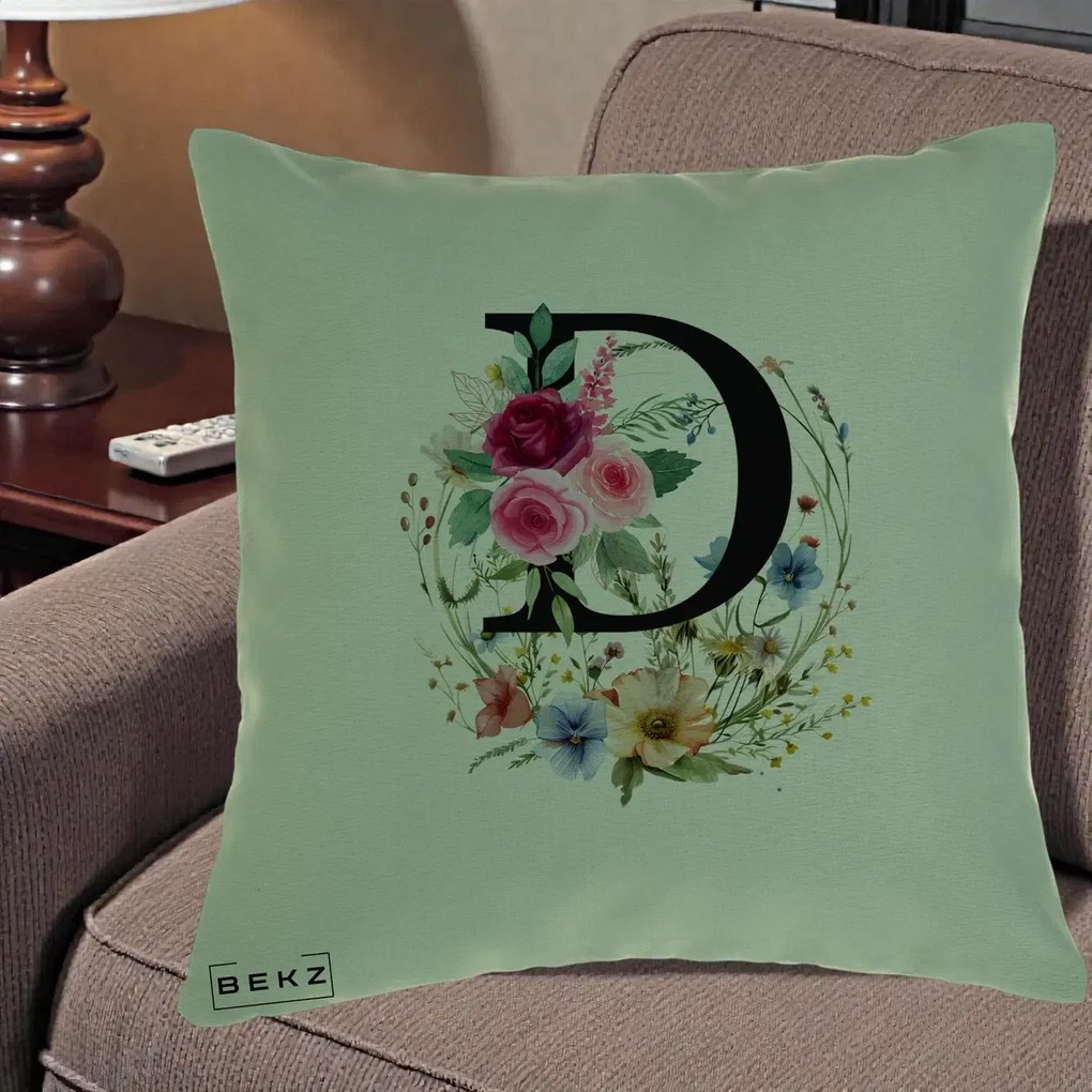 Cadou Personalizat - Perna Personalizata Monogram Litera D cu Flori Acuarela, 40x40 cm, Verde, Husa Detasabila, Perna Inclusa, BEKZ®