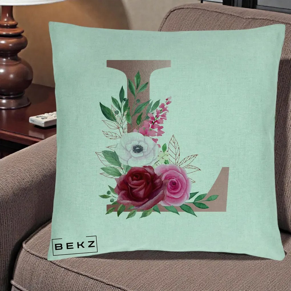 Perna personalizata cu initiala L, rose gold, 40x40 cm cu Umplutura, Verde Menta, BEKZ