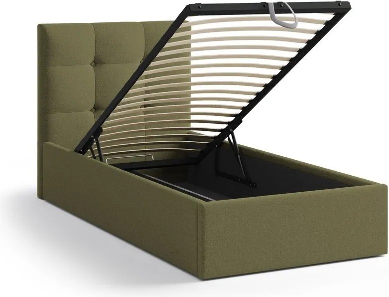 Pat verde tapițat cu spațiu de depozitare cu somieră 90x200 cm Phaedra – Micadoni