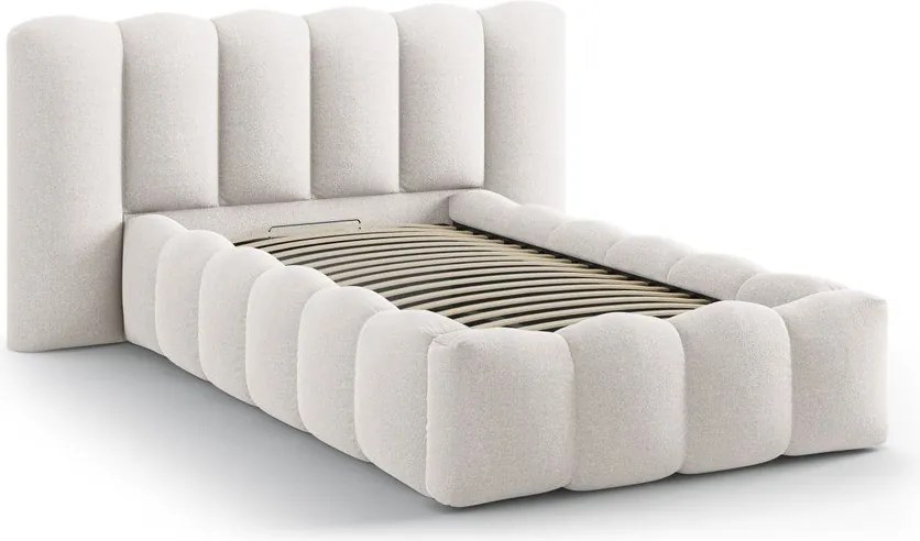 Pat crem tapițat cu spațiu de depozitare cu somieră 90x200 cm Lupine – Micadoni