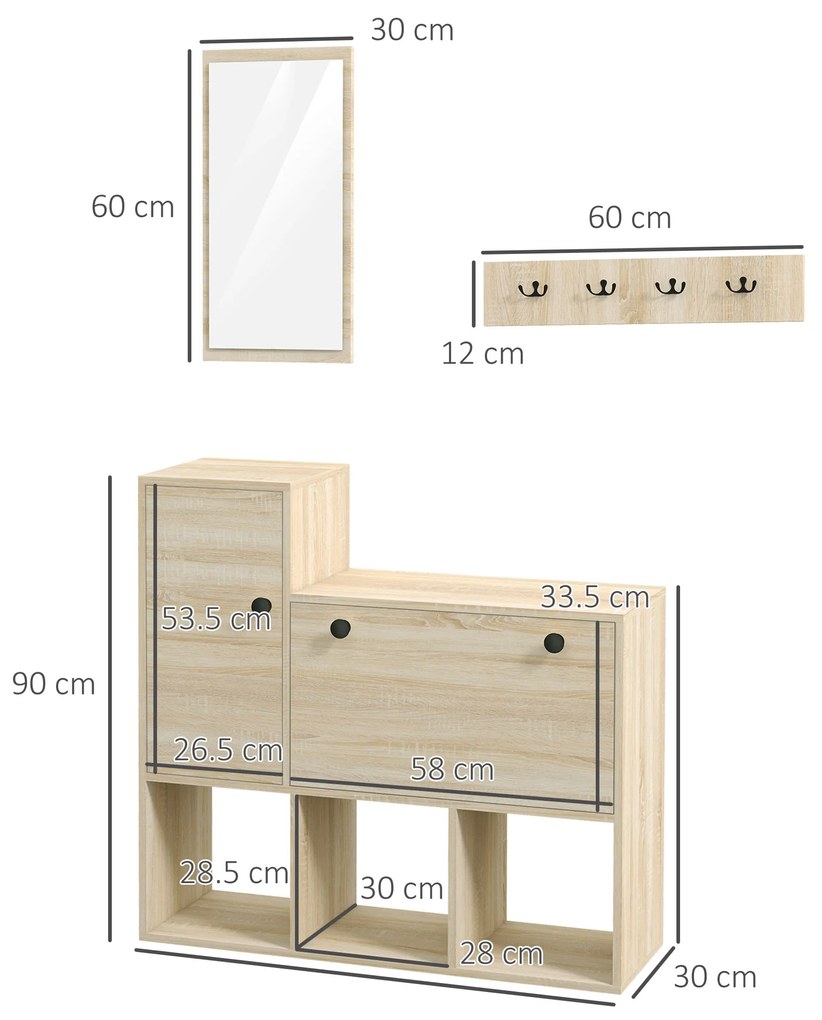 HOMCOM Mobilier pentru Hol cu Depozitare pentru 9 Perechi de Pantofi, Oglindă, Dulap, Rafturi și 4 Cârlige, 90x30x87 cm, Lemn Natural | Aosom Romania