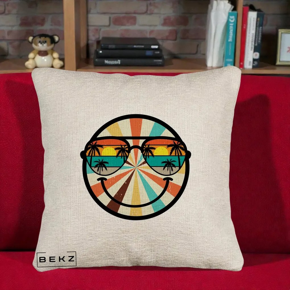 Perna Decorativa Smiley Face Retro Sunset Palmieri, 40x40 cm, Bej Canapea, Husa Detasabila, Perna Inclusa, BEKZ®