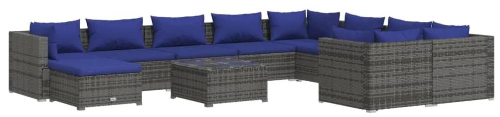 Set mobilier de gradina cu perne, 11 piese, gri, poliratan Gri si albastru, 4x colt + 5x mijloc + suport pentru picioare + masa, 1