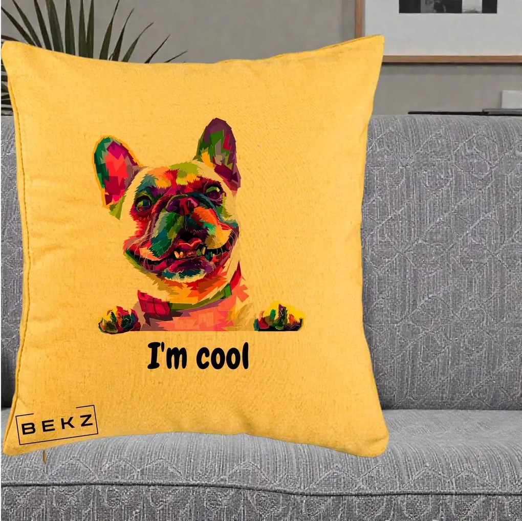 Perna Personalizata Bulldog Francez I'm Cool, 40x40 cm, Galben, Husa Detasabila, Perna Inclusa, BEKZ®