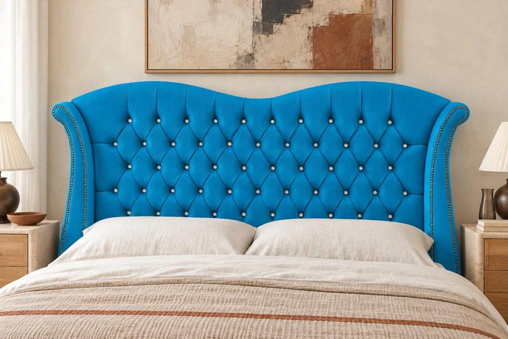 Pat tapițat Chesterfield Avella 180×200 cm, albastru deschis, cu ladă de depozitare