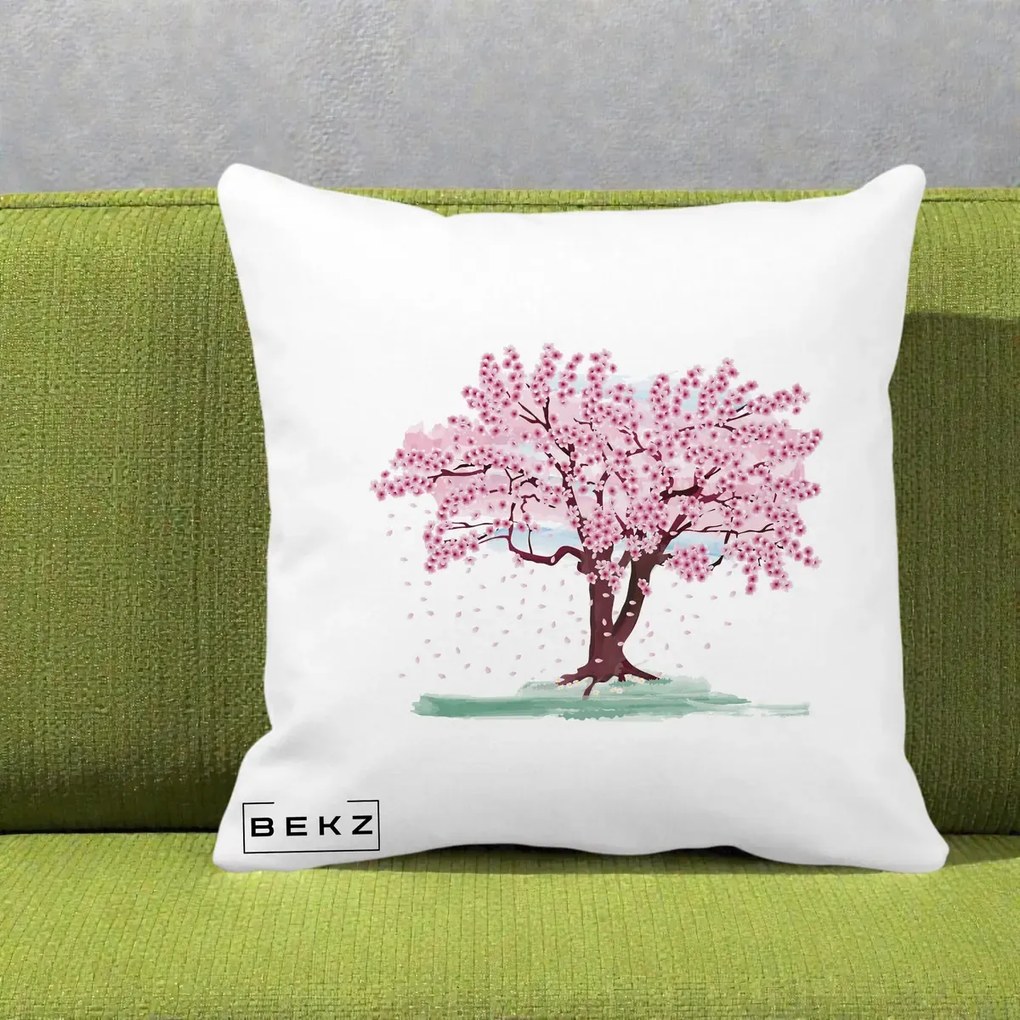 Perna Decorativa Cires Inflorit Acuarela, 40x40 cm, Alba Mata, Husa Detasabila, Perna Inclusa, BEKZ®