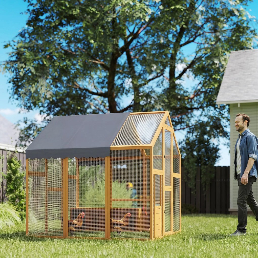 PawHut Coteț pentru găini 3,07 m² tarc exterior din lemn cu husă impermeabilă, încuietoare de siguranță, pentru 6-8 găini 1,7 x 1,8 x 1,8 m | Aosom Romania