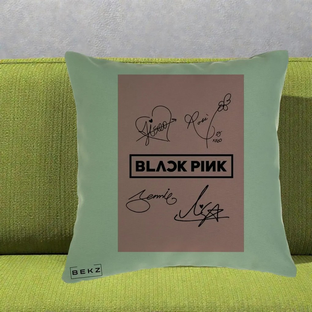Perna Personalizata K-pop BLACKPINK Semnaturi Roz, 40x40 cm, Verde, Husa Detasabila, Perna Inclusa, BEKZ®