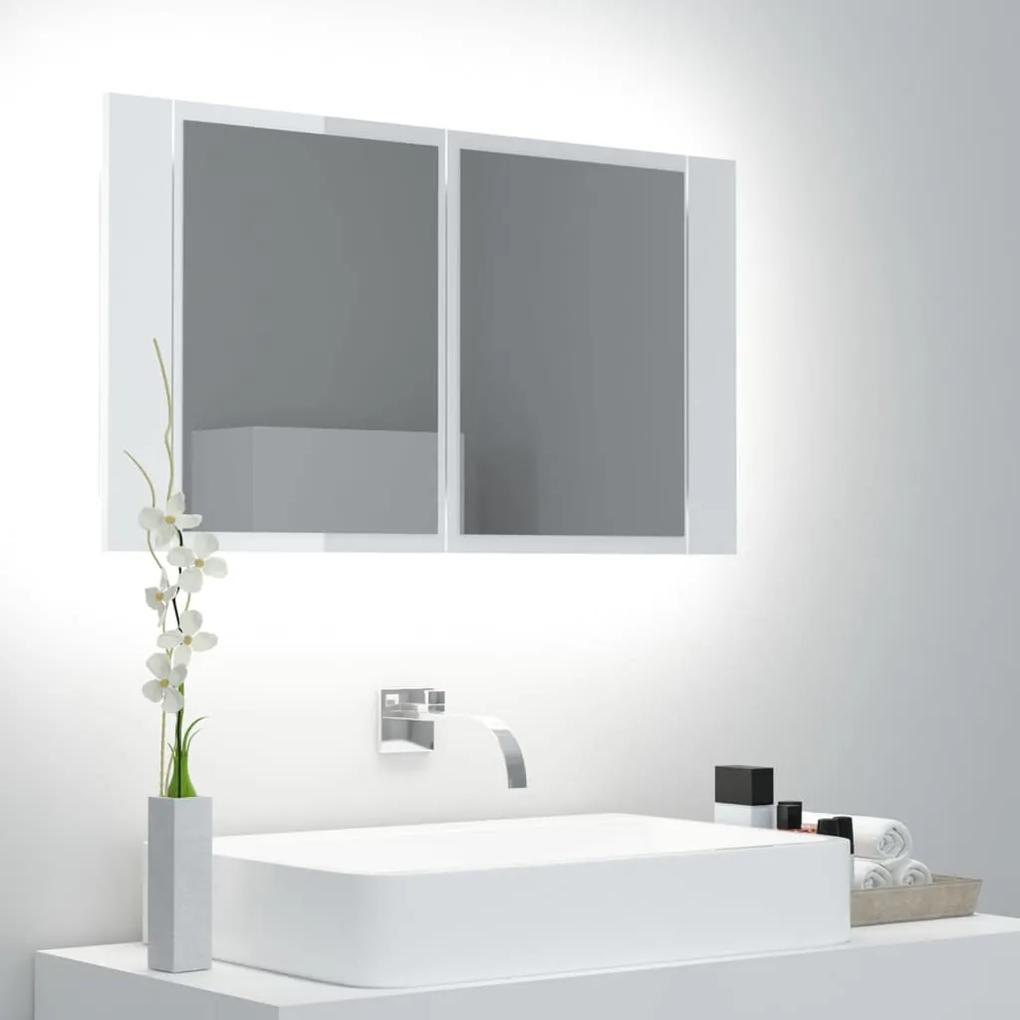 Dulap de baie cu oglindă și led, alb extralucios, 80x12x45 cm