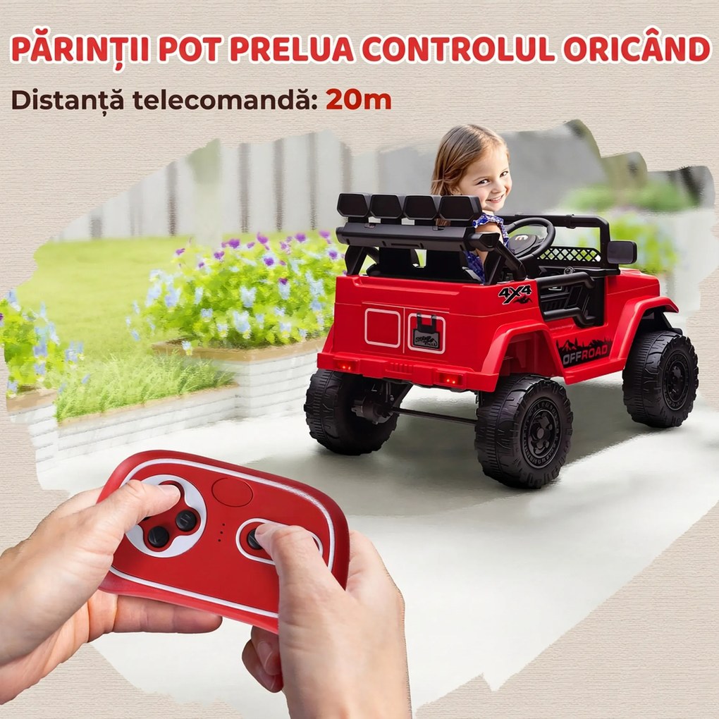 AIYAPLAY Off-road pentru Copii cu Faruri, Claxon, Centură și Telecomandă, din PP și Metal, 99x66x68.5 cm, Roșu | Aosom Romania