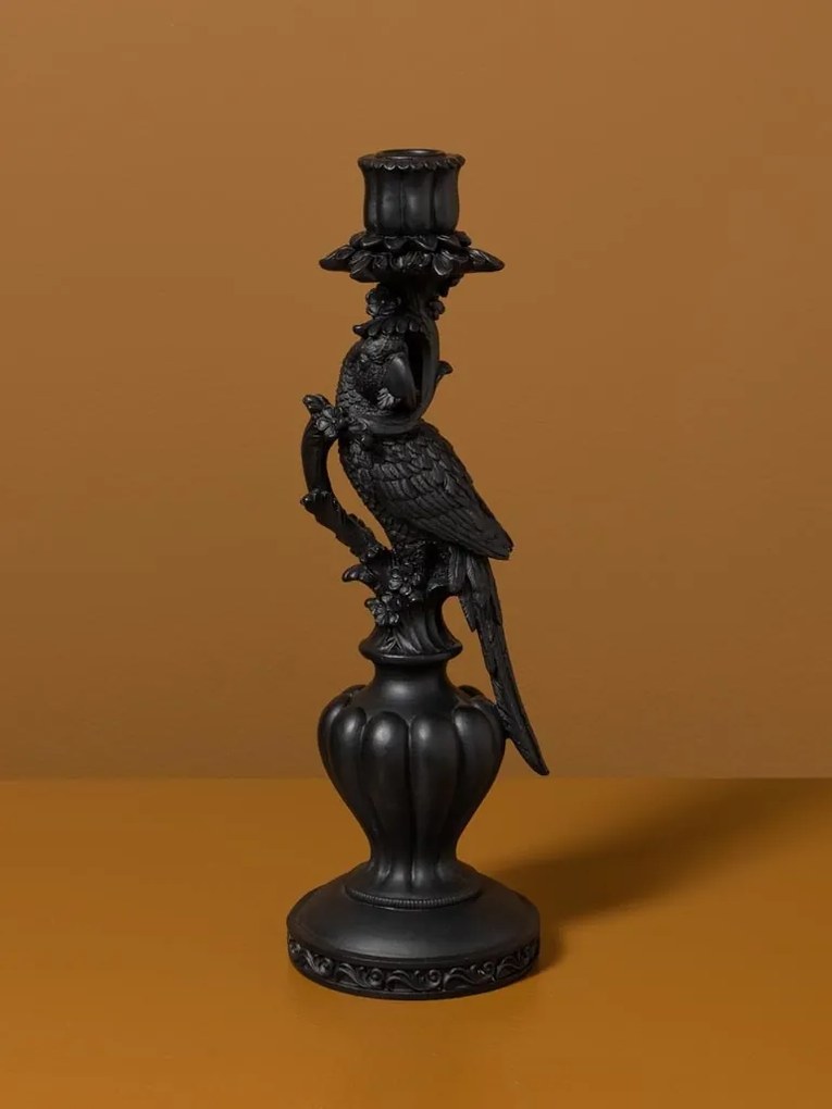 Sfeșnic din rășină cu papagal pe piedestal sculptat, negru antichizat-auriu, finisaj patinat, 33,5×11 cm, „Perroquet"