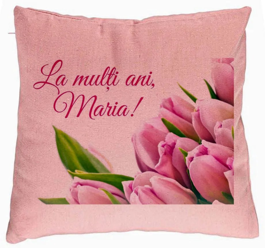 Perna Decorativa, Model La multi ani Maria, 40x40 cm, Roz, Husa Detasabila, Burduf