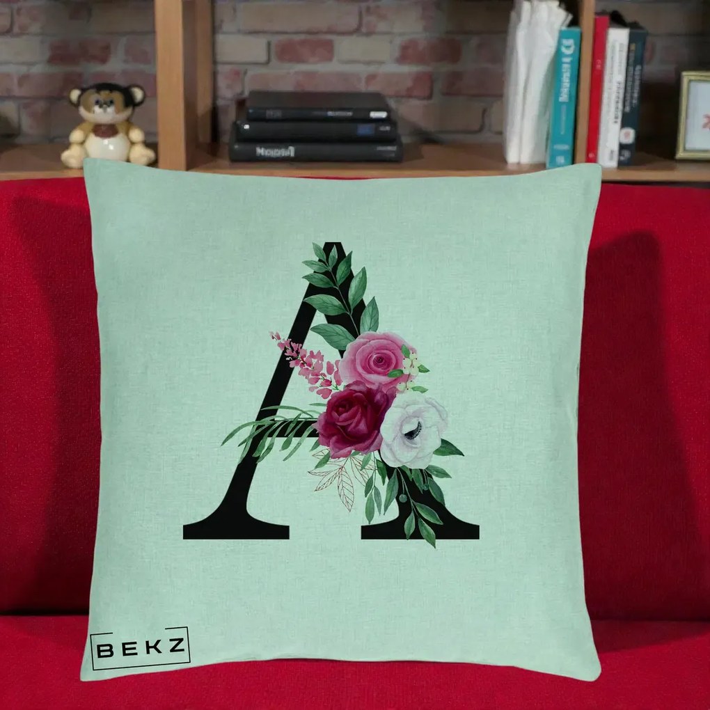 Cadou Personalizat - Perna Personalizata Monograma Florala Litera A, 40x40 cm, Verde Menta, Husa Detasabila, Perna Inclusa, BEKZ®
