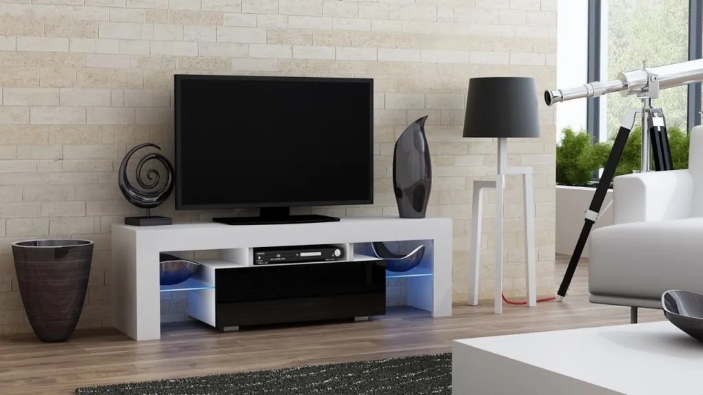 Mazzoni Masă RTV MILANO 130 + LED alb/negru, cu sertar