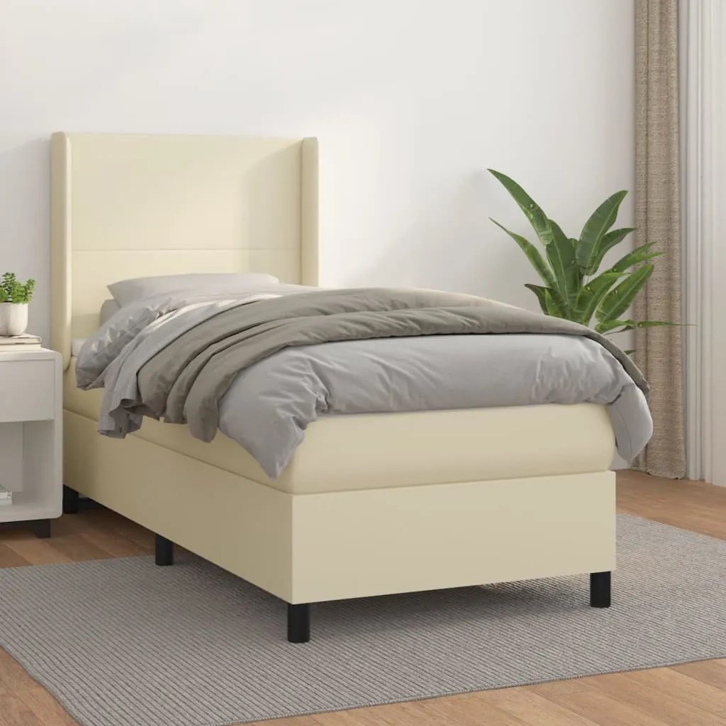 vidaXL Pat box spring cu saltea, crem, 90x200 cm, piele ecologică
