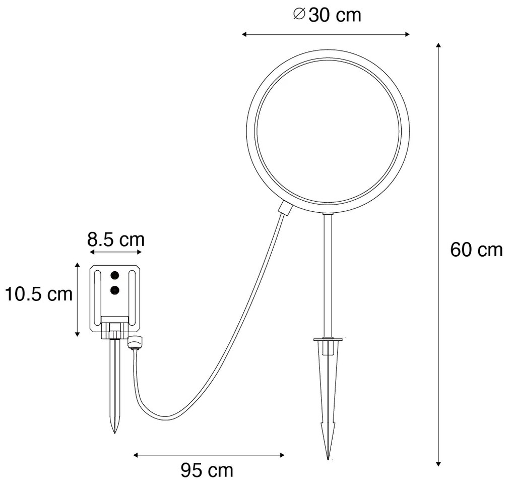 Lampă de sol neagră 60 cm cu LED reîncărcabil și solar IP65 - Adalind