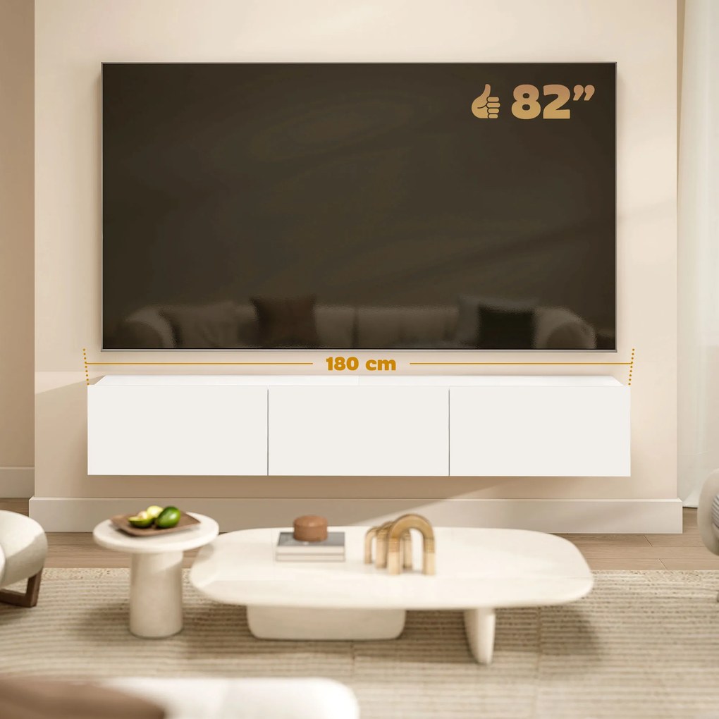 HOMCOM Mobilier TV Suspendat, Suport TV până la 82" cu 3 Dulapuri cu Uși Rabatabile Soft Close, Dulap pentru Televizor pentru Living, Dormitor și Salon, 180x31.5x29.8 cm, Alb Lucios | Aosom Romania